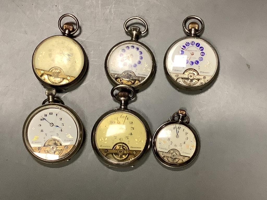 Three base metal Hebdomas pocket watches including one silver and three other Hebdomas style pocket watches (a.f.)